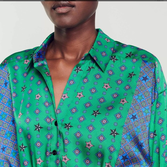 Sandro Edena Mixed Print Satin Shirtdress Mini Dress Size 38 NWT Retail $415 - Picture 4 of 14